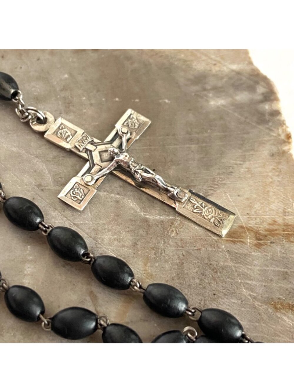 VTG Sterling Silver 925 Italian Black Beaded Rosary Crucifix Cross Y Necklace - Picture 14 of 16